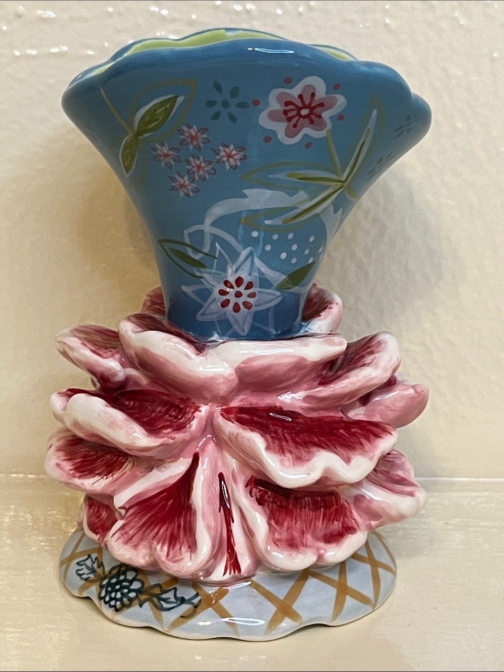 Tracy Porter Retired Floral Ceramic Bud Vase in Blue & Pink